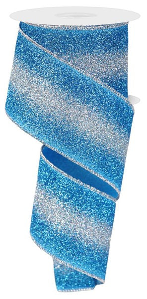 2.5 Inch By 10 Yard Turquoise Blue And Silver Glitter Gradient Ribbon