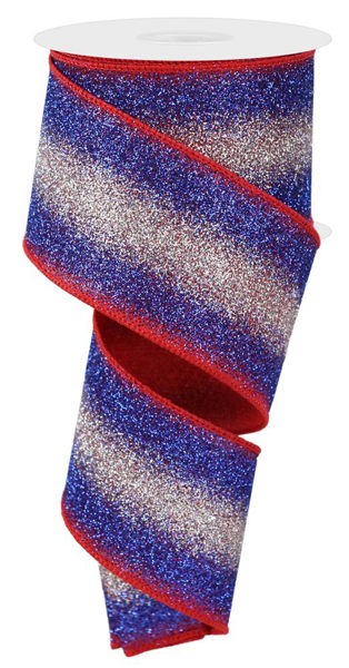 2.5 Inch By 10 Yard Red Royal Blue And Silver Gradient Glitter Ribbon