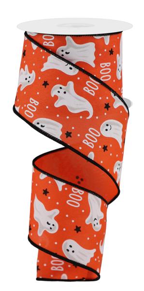 2.5 Inch By 10 Yard Orange Ghosts And Boo Ribbon