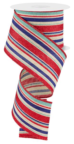 2.5 Inch By 10 Yard Red White And Natural Striped Ribbon