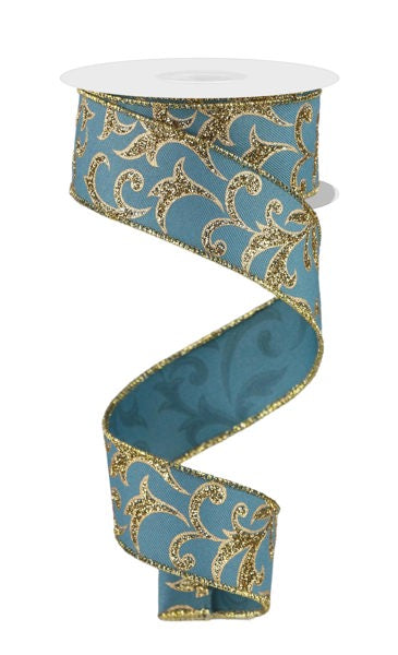 1.5 Inch By 10 Yard Smoke Blue And Gold Acanthus Leaf Ribbon