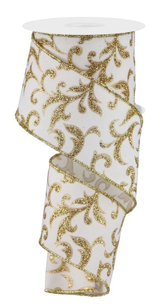 2.5 Inch By 10 Yard Ivory And Gold Acanthus Leaf Ribbon