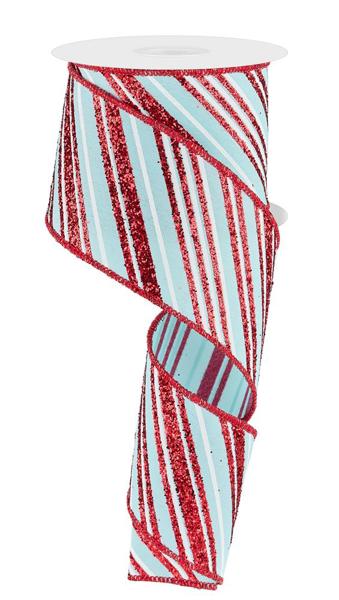 2.5 Inch By 10 Yard Soft Blue, Red, And White Striped Glitter Ribbon