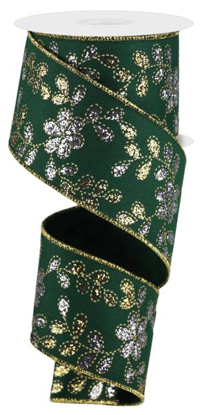 2.5 Inch By 10 Yard Emerald Green Base Glitter Leaves With Flower Ribbon