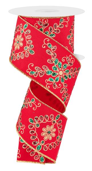2.5 Inch By 10 Yard Gold Red And Green Ornate Loop Diamond Ribbon
