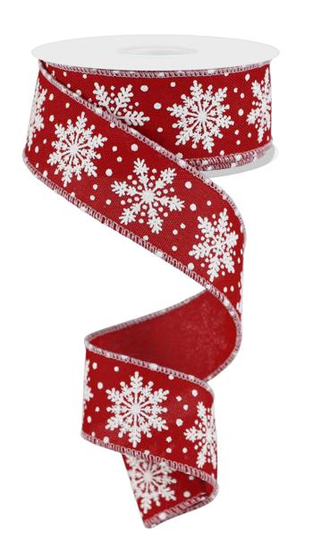 1.5 Inch By 10 Yard Red And White Snowflake Ribbon