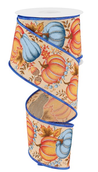 2.5 Inch By 10 Yard Orange Blue Pumpkin Gourd Leaves Ribbon