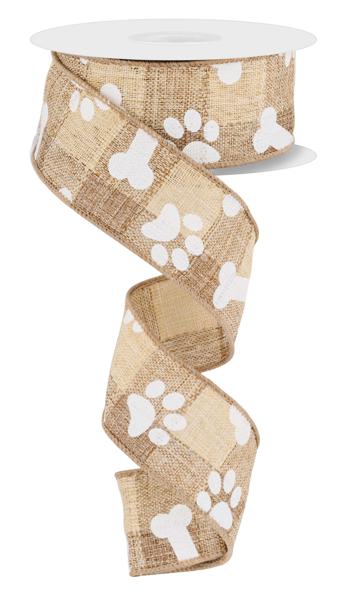 1.5 Inch By 10 Yard Pawprints And Bones Cream Woven Check Ribbon