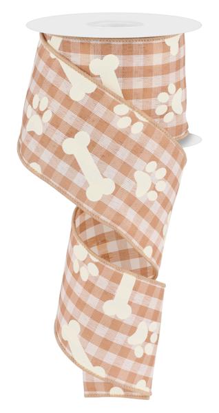 2.5 Inch By 10 Yard Pawprints And Bones On Cream And Brown Woven Check