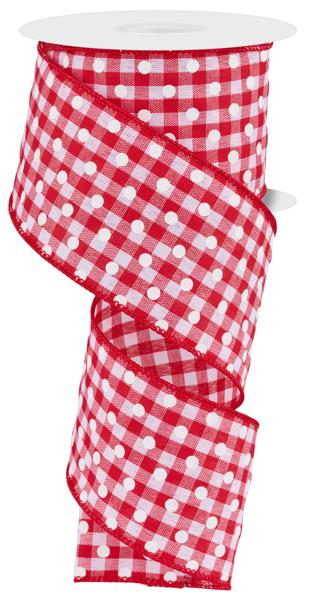 2.5 Inch By 10 Yard Red And White Gingham With White Polka Dots Ribbon