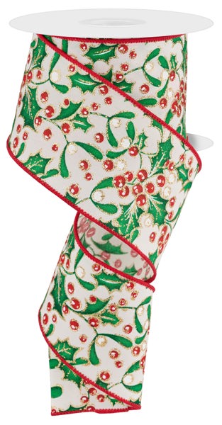 2.5 Inch By 10 Yard Holly Berry And Mistletoe Ribbon