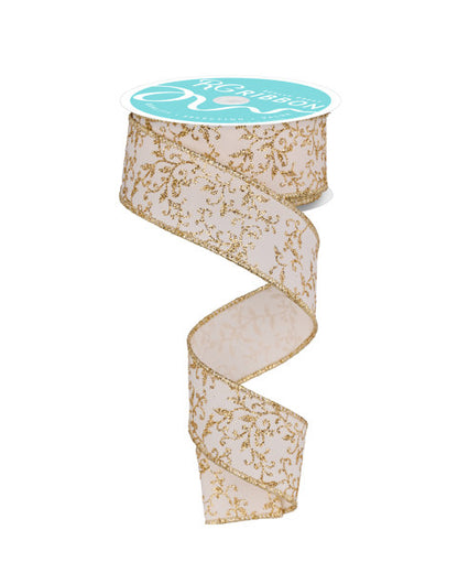 1.5 Inch By 10 Yard Ivory And Gold Mini Leaf Vines Ribbon