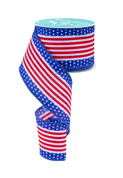 2.5 Inch By 10 Yard Red White And Blue Stripe And Polka Dot Ribbon