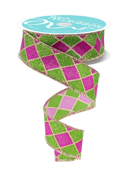 1.5 Inch By 10 Yard Green And Hot Pink Glitter Harlequin Ribbon