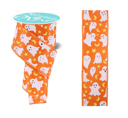 2.5 Inch By 10 Yard Orange Ghost Moon And Star Ribbon