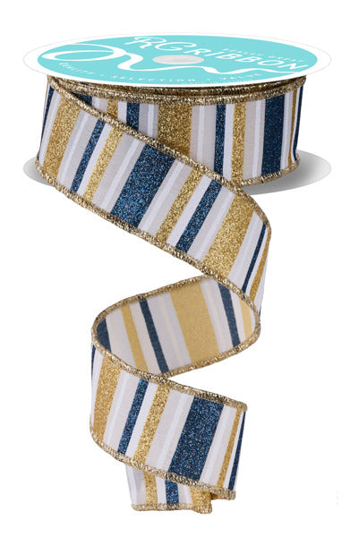1.5 Inch By 10 Yard Smoke Blue And Gold Horizontal Stripe Ribbon