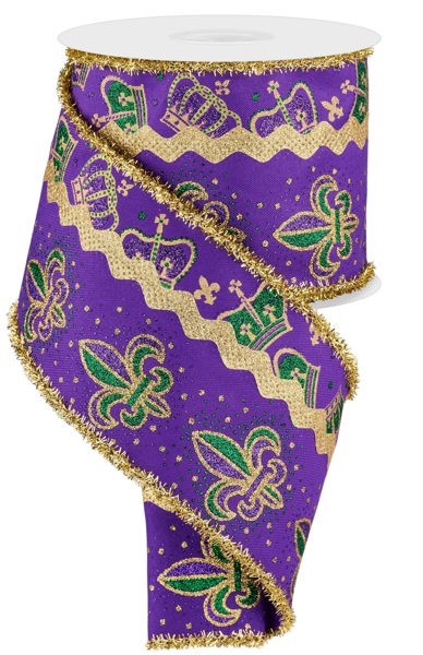 4 Inch By 10 Yard 3 In 1 Glittered Fleur De Lis Ribbon