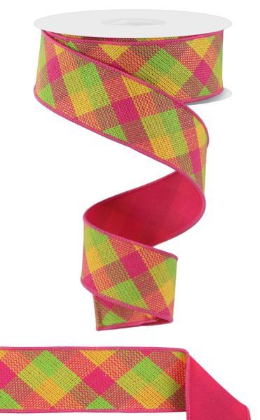 1.5 Inch By 10 Yard Hot Pink Lime And Yellow Woven Check Ribbon