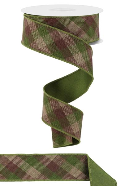 1.5 Inch By 10 Yard Moss Green Brown Beige Woven Check Fused Ribbon