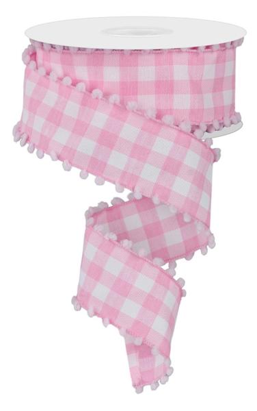 1.5 Inch By 10 Yard Pink And White Check Ribbon With White Pom Pom