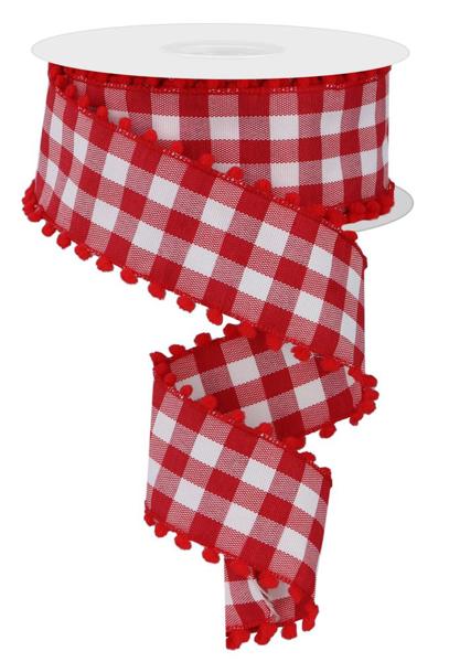 1.5 Inch By 10 Yard Red And White Gingham Check With Red Pom Pom Ribbon