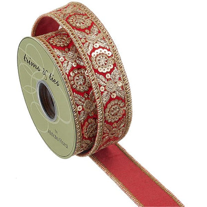 1.5 Inch By 5 Yard Red  And Gold Jewel Trim Velvet Ribbon