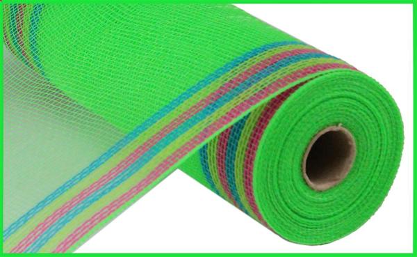 10 Inch By 10 Yard Lime Green Jute With Hot Pink Blue Lime Border Stripe Netting