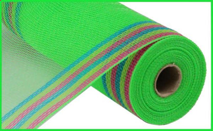 10 Inch By 10 Yard Lime Green Jute With Hot Pink Blue Lime Border Stripe Netting