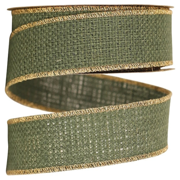 1 3/8 Inch By 10 Yard Hunter Green Burlap With Gold Edge Ribbon