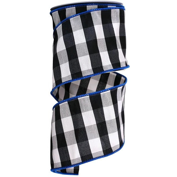 4 Inch By 10 Yards Black And Grey Grand Gingham Check With Royal Blue Edge Ribbon