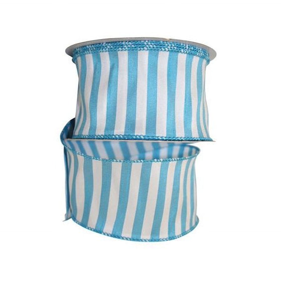 2.5 Inch By 10 Yard Turquoise And White Cabana Stripe Dupioni Ribbon