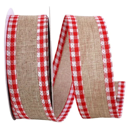 1.5 Inch Natural And Red Linen Gingham Check Ribbon