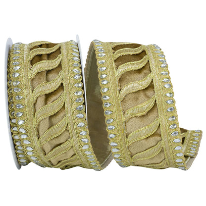 2.5 Inch By 5 Yard Champagne Jeweled Trim Elegance Velvet Ribbon