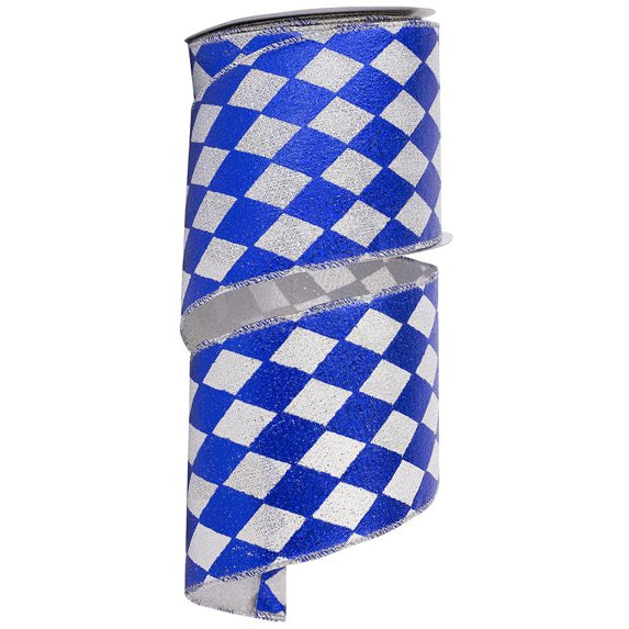 4 Inch By 10 Yard Royal Blue And Silver Harlequin Diamond Glimmer Deluxe Ribbon
