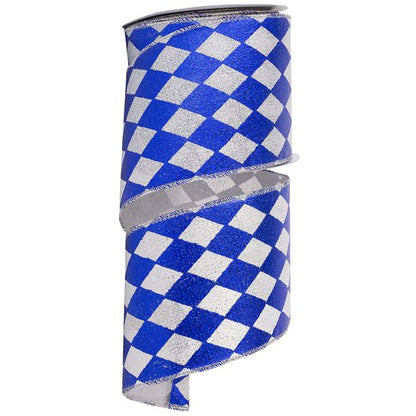 4 Inch By 10 Yard Royal Blue And Silver Harlequin Diamond Glimmer Deluxe Ribbon