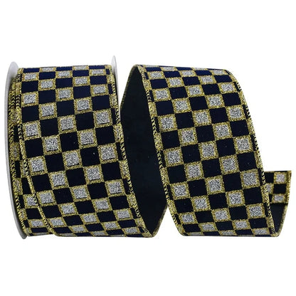 2.5 Inch By 10 Yard Navy And Silver Velvet Glitter Check Ribbon