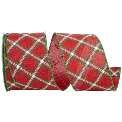2.5 Inch By 10 Yard Red And Green Lattice Pattern Check Linen Ribbon