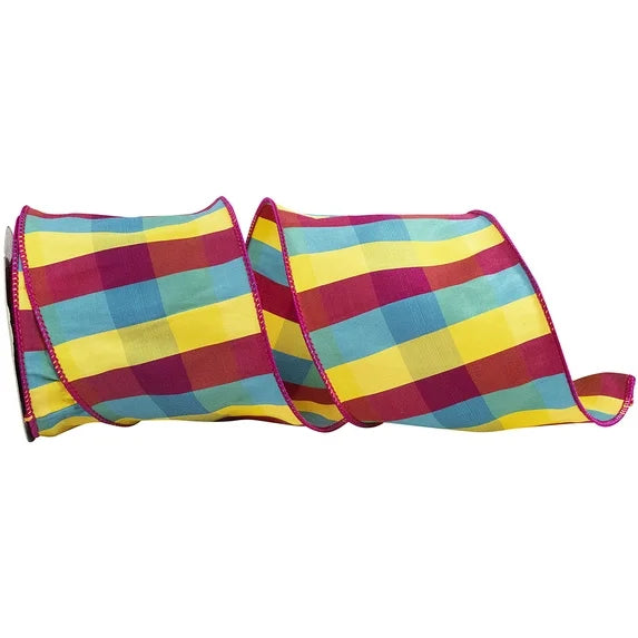 4 Inch By 10 Yard Pink Yellow And Blue Check Ribbon