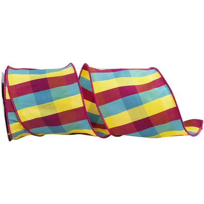 4 Inch By 10 Yard Pink Yellow And Blue Check Ribbon