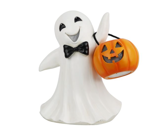 16 Inch Halloween Resin Ghost With Bow Tie And Jack O Lantern
