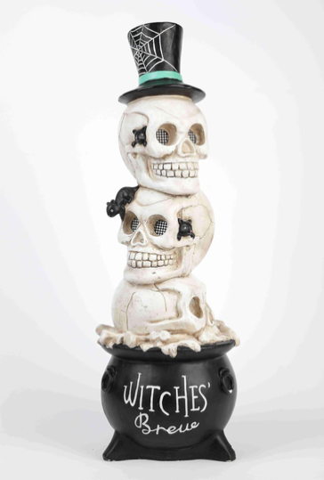 32 Inch Witches Brew Three Stack Skull Heads With Cauldron