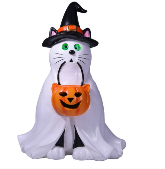 18 Inch Resin Cat In Ghost Costume Holding Treat Bucket