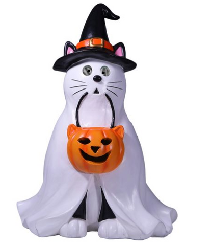 18 Inch Resin Cat In Ghost Costume Holding Treat Bucket