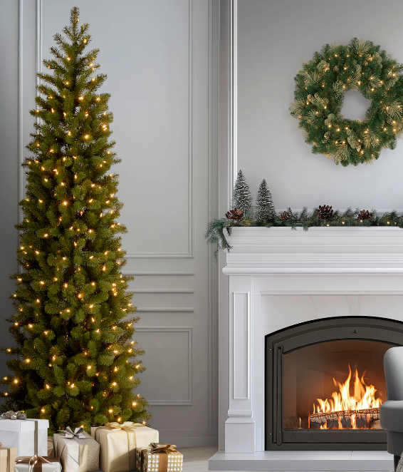 National Tree Company 7.5 ft. Pre-Lit Downswept Douglas Fir Pencil Slim Tree with Dual Color LED Lights Open Box