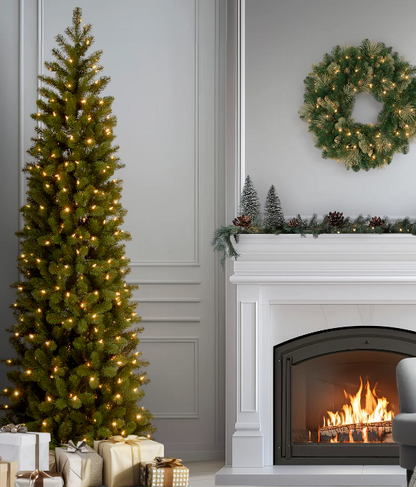 National Tree Company 7.5 ft. Pre-Lit Downswept Douglas Fir Pencil Slim Tree with Dual Color LED Lights Open Box