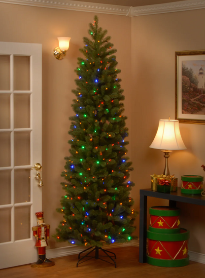 National Tree Company 7.5 ft. Pre-Lit Downswept Douglas Fir Pencil Slim Tree with Dual Color LED Lights Open Box