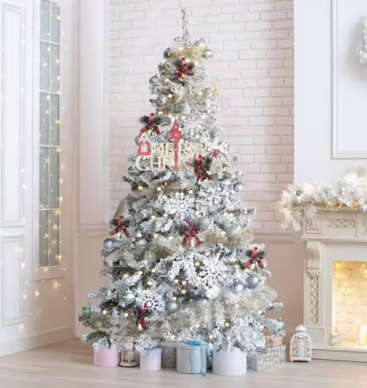 Veikous 7.5 Foot Pre-lit Flocked Christmas Tree