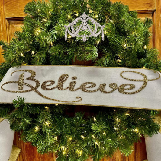 6 Inch By 70 Inch Believe Winter White And Gold Banner