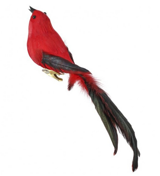 9 Inch Red Feather Bird With Clip Ornament