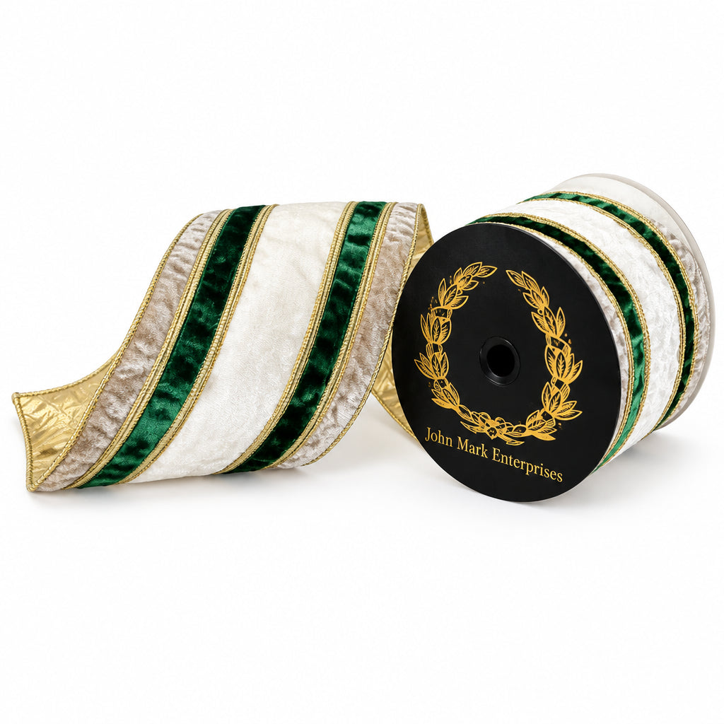 John Mark 6 Inch By 10 Yard Stripe Gray Green White Velvet Metallic Dupioni Ribbon